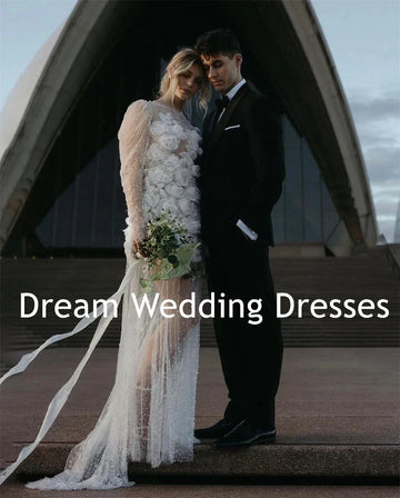 Runhufu 3D Flowers Short A-Line Wedding Dresses Pearls Beadings Tulle Long Sleeves Bride Gown Backless Illusion Boho Bridal Dress